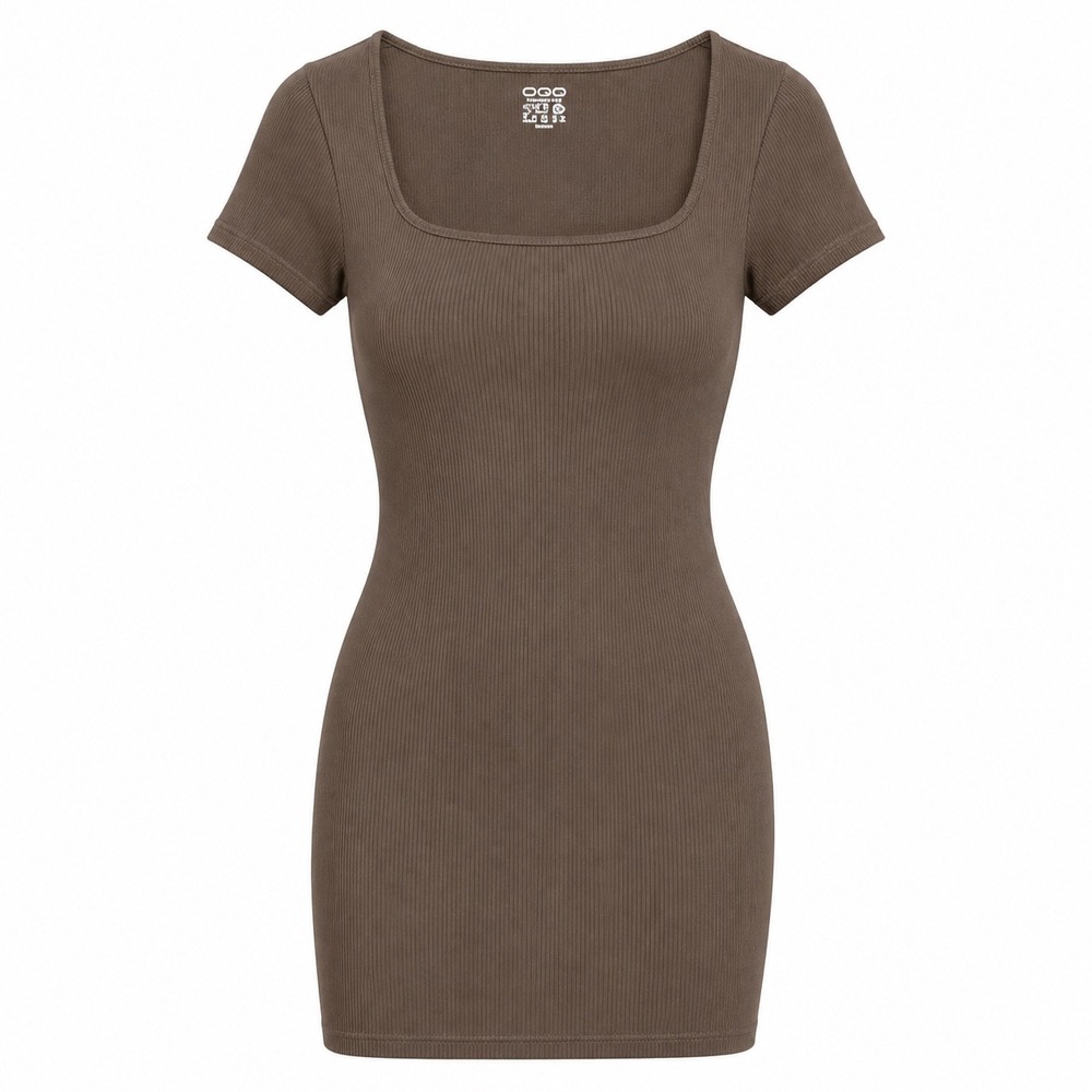 OQQ Brown Ribbed Seamless Square Neck Mini Dress Size Large